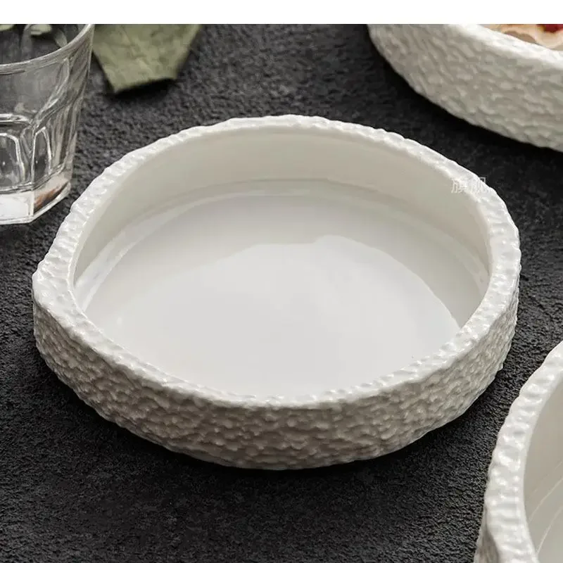 Pure White Irregular Ceramic Stone Pattern Dining Plate Salad Dessert Dish Pasta Molecular Cuisine Special Tableware