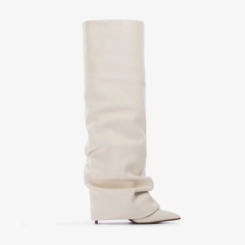 

Arden Furtado 2025 Cream Microfiber Knee high boots Pointed toe Slip-on Turned-over Edge Stilettos heels Trouser legs boots