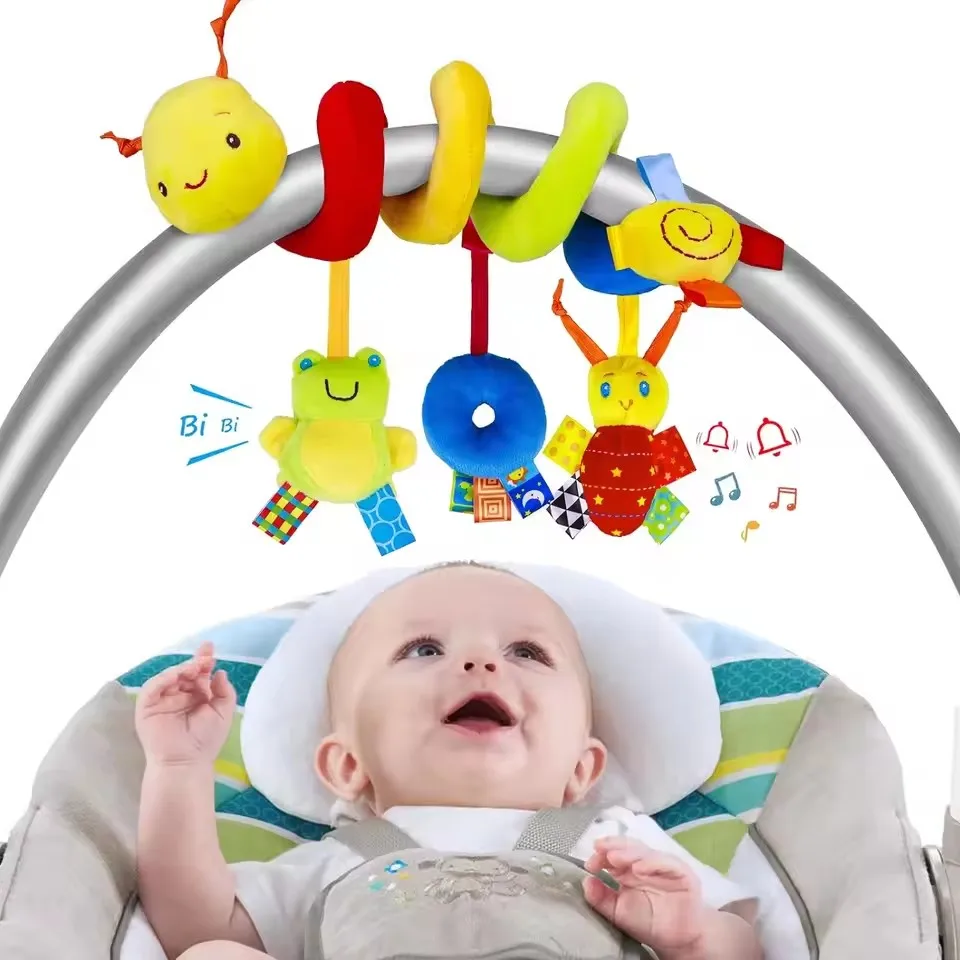 Baby Hanging Rattle Toys Sensory Soft Learning Toy Cartoon Animal Stuffed Bed Bell Toy Infant Development Handle Toy 0-24 Months