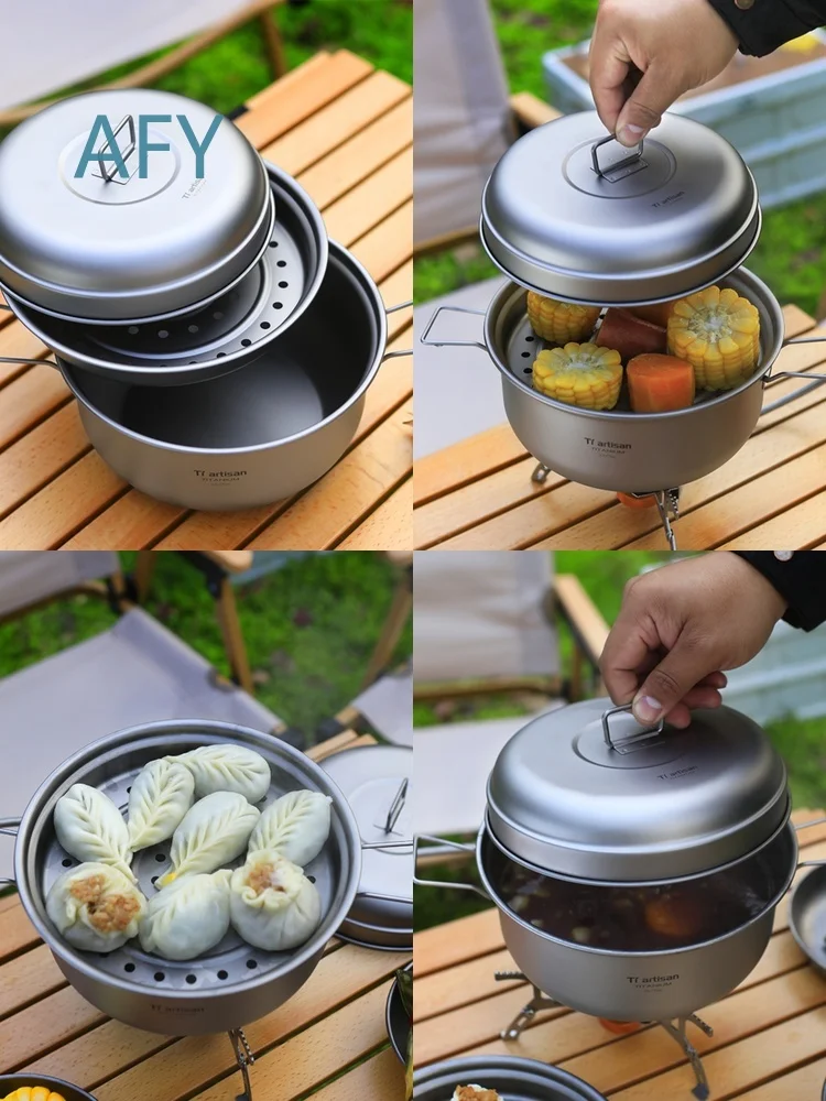 Wholesale Titanium Steamer Pot for Outdoor Camping Cooking Soup Making with Steaming Tray 2.1L Lightweight Alloy Cover Large