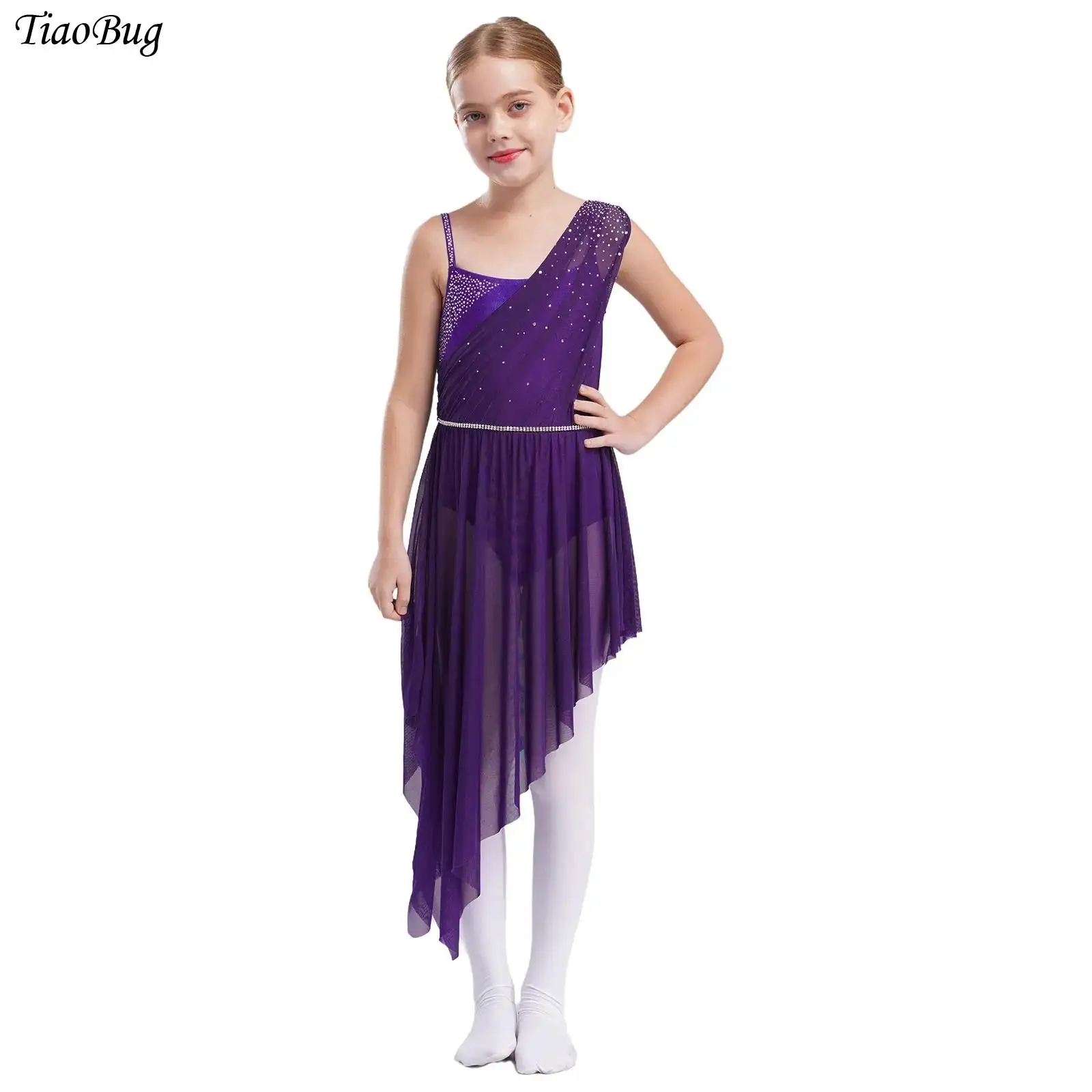 

Kids Girls Asymmetrical Lyrical Dance Dress Modern Dancewear Sleeveless Spaghetti Straps Rhinestones Mesh Dresses Ballet Dress