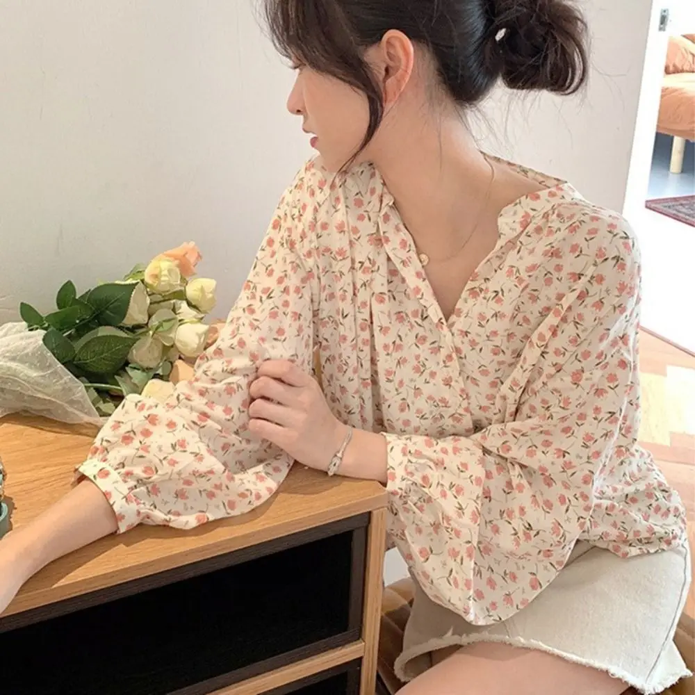 Vintage V Neck Floral Chiffon Shirt Floral Sun Protection Boho Loose Blouses Sweet Lantern Sleeve Chiffon Spring Top