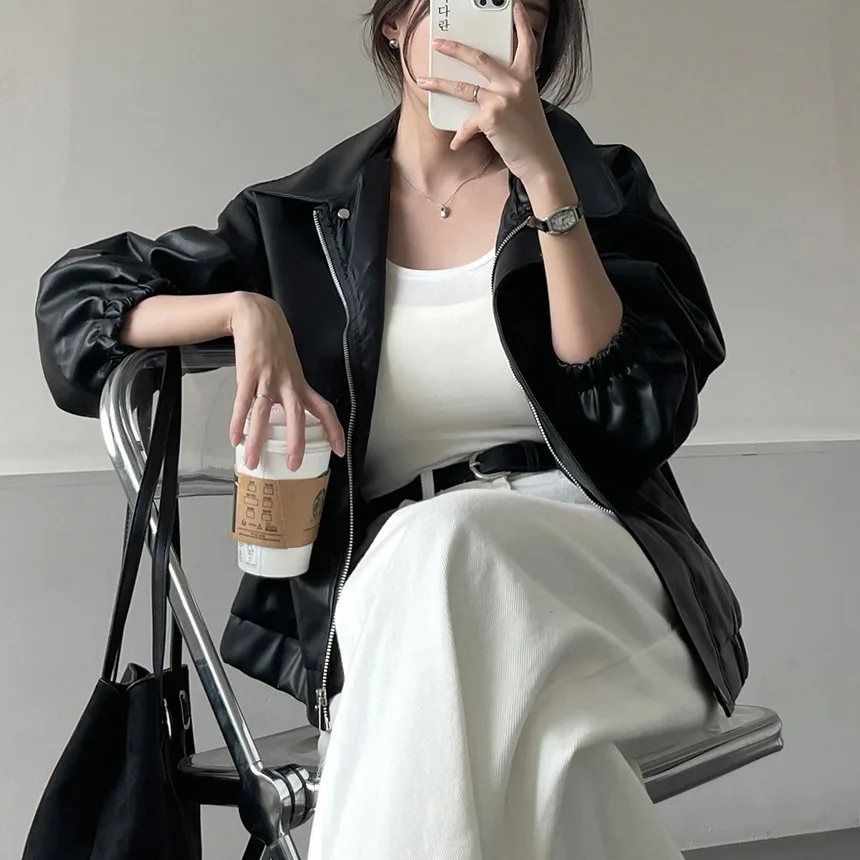 معطف نسائي أنيق عتيق فضفاض مناسب من جلد البولي يوريثان بياقة واقفة معطف Sli متعدد الاستخدامات ذو ملمس عالي الجودة