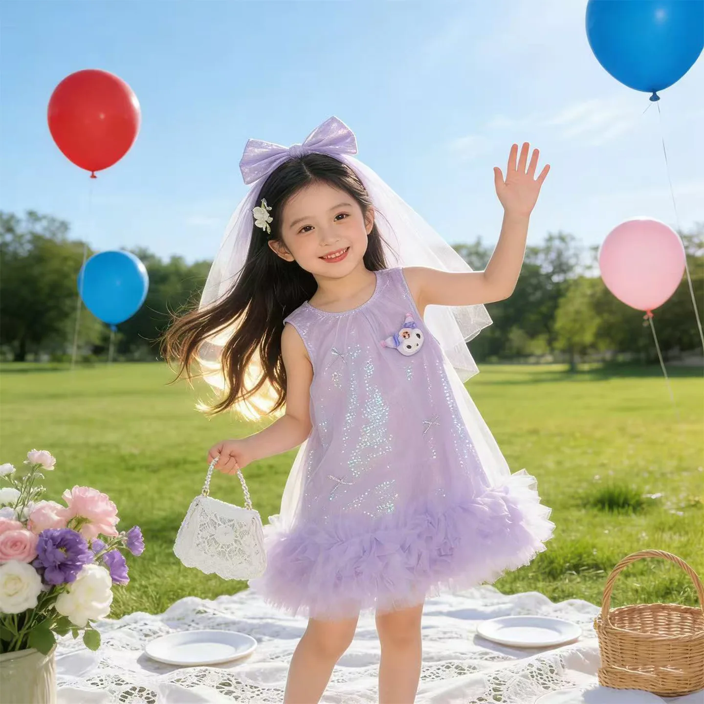 

Anime Kuromi Shiny Princess Lolita Dress My Melody Girls' Summer Dress Kid's Sleeveless Yarn Skirt Birthday Party Dress Gift