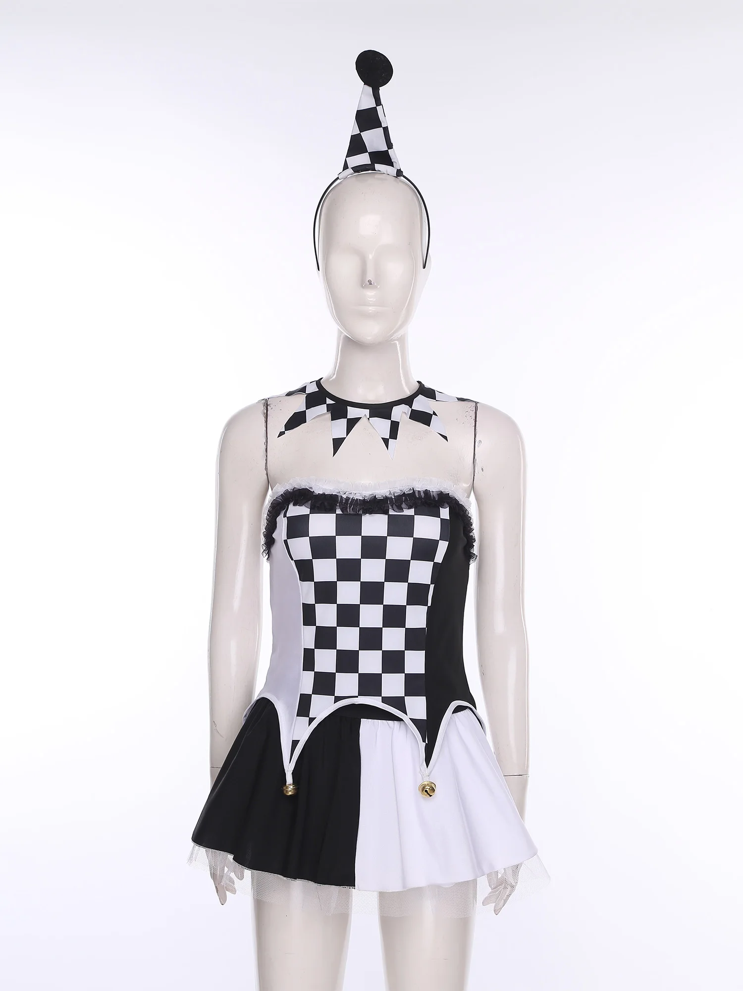 

Women Halloween Naughty Clown Circus Checkerboard Top with Miniskirt Plaid Necklace And Headwear for Evil Jester Cosplay Costume