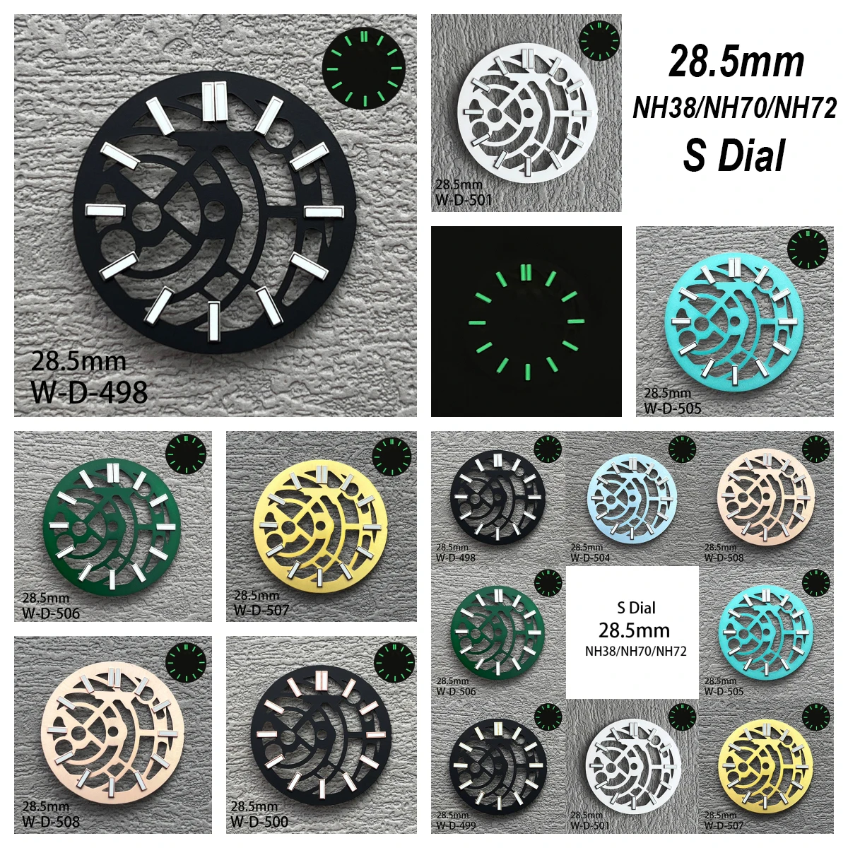 

28.5mmS Logo Hollow Out Dial Fit NH70/72 Movement Green Luminous High-Quality Dial Watch Modification Accessories