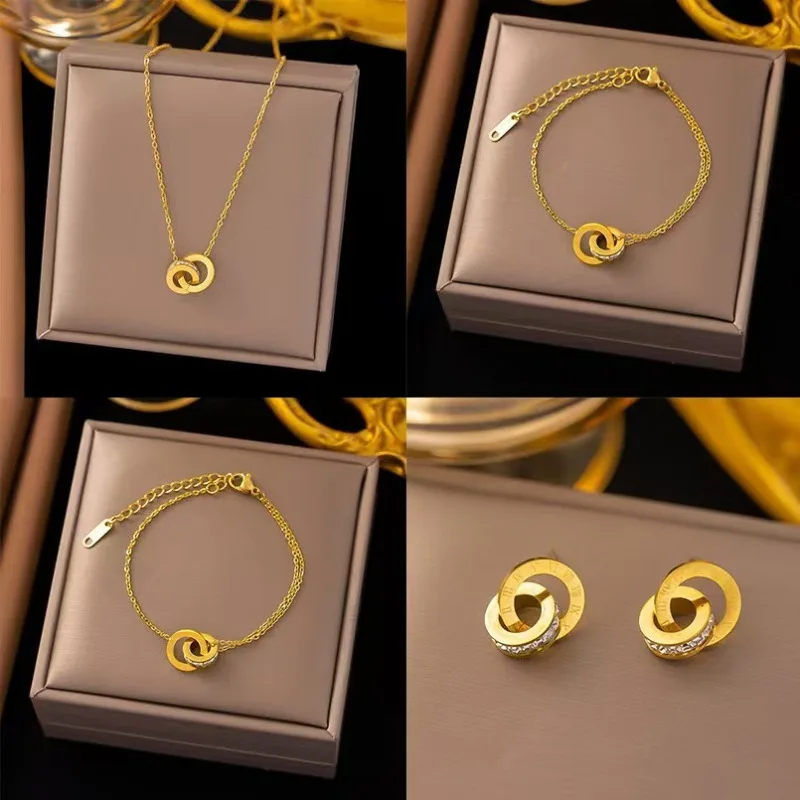 Fashion Roman Digital Double Ring Pendant Necklace Bracelet Tiny Earrings Jewelry Set for Women Korean Style Daily Use
