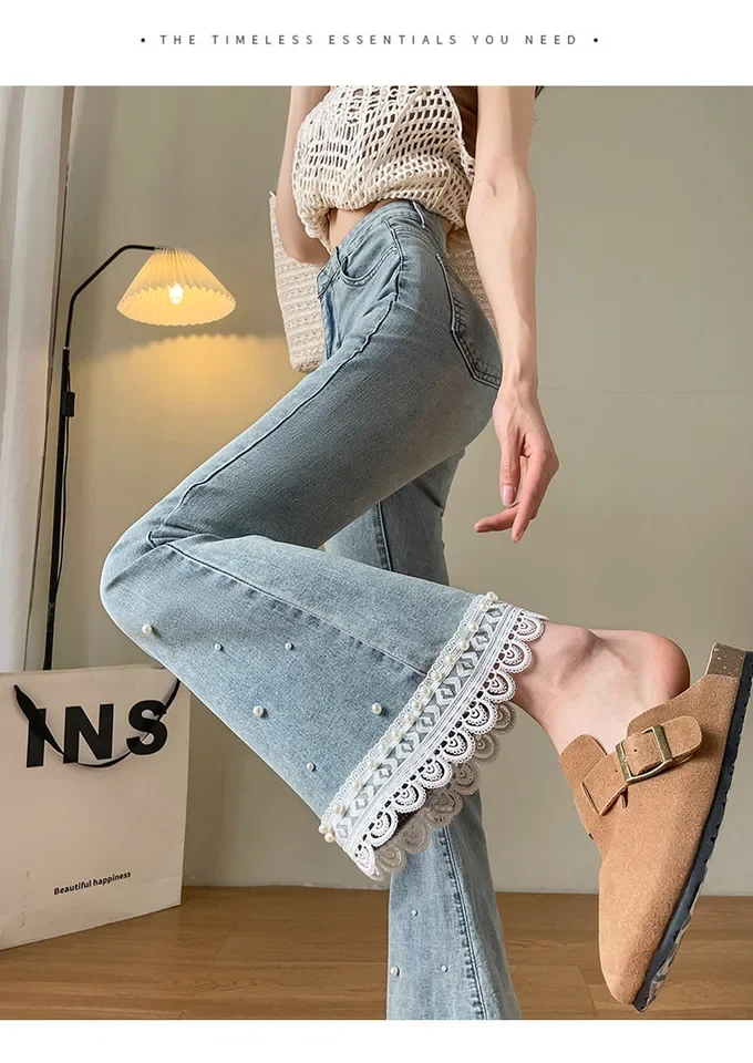 Primavera e outono Little Stature Lace Bead Denim Calças de cintura alta ligeiramente queimadas. Jean feminino Slim Temperament de nove quartos