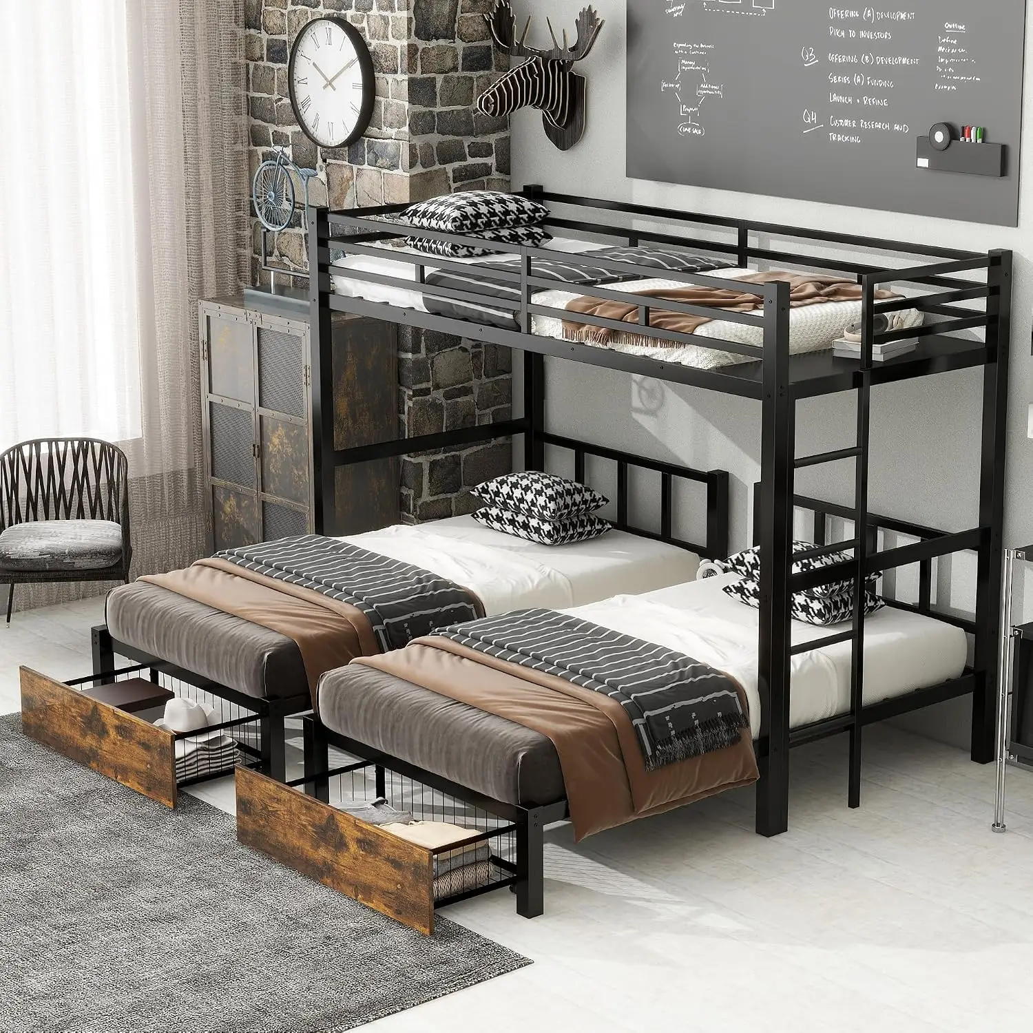 Detachable Triple Metal Bunk Bed With Guardrails, Ladder & Storage, Converts To 3 Separate Twin Beds, Easy Assembly, Customized