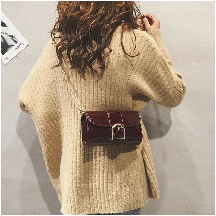 Fashion Popular Patent Leather Crossbody Bags Women Korean New Versatile Chains Mini Day Clutches Wine Red Casual Shoulder Bags