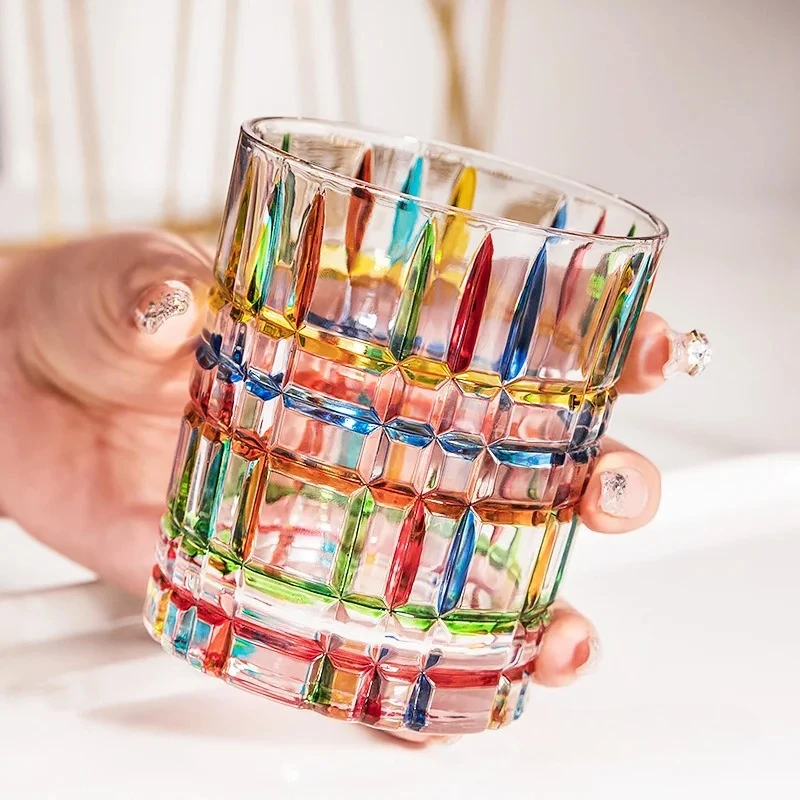

Hand Painted Dazzle Color Whisky Glasses Gothic Old Fashioned Rock Tumbler Italy Zecchin Design Multicolor Crystal Barware