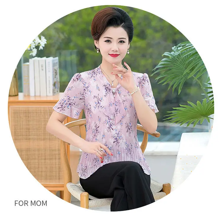 Mom's Clothing Style Floral Temperament Slim Chiffon Shirt Middle-aged Woman's Large-size Fashionable Belly-covering T-shirt