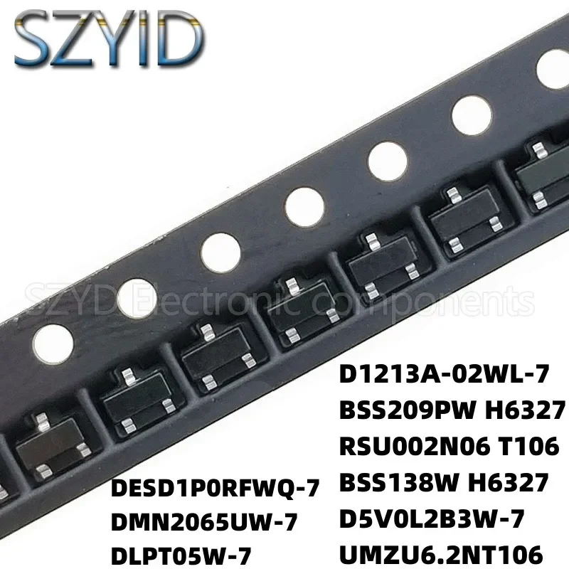 100PCS SOT323 DESD1P0RFWQ-7 DMN2065UW-7 DLPT05W-7 D1213A-02WL7 BSS209PWH6327 RSU002N06T106 BSS138WH6327 D5V0L2B3W-7 UMZU6.2NT106