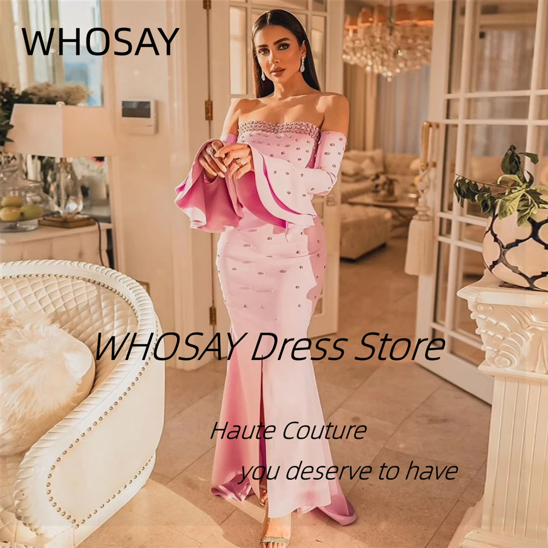 WHOSAY Bespoke Prom Dresses Strapless Handmade Crystals Evening Gowns Long Sleeves Sexy Back Wedding Party Bride Wear Dress