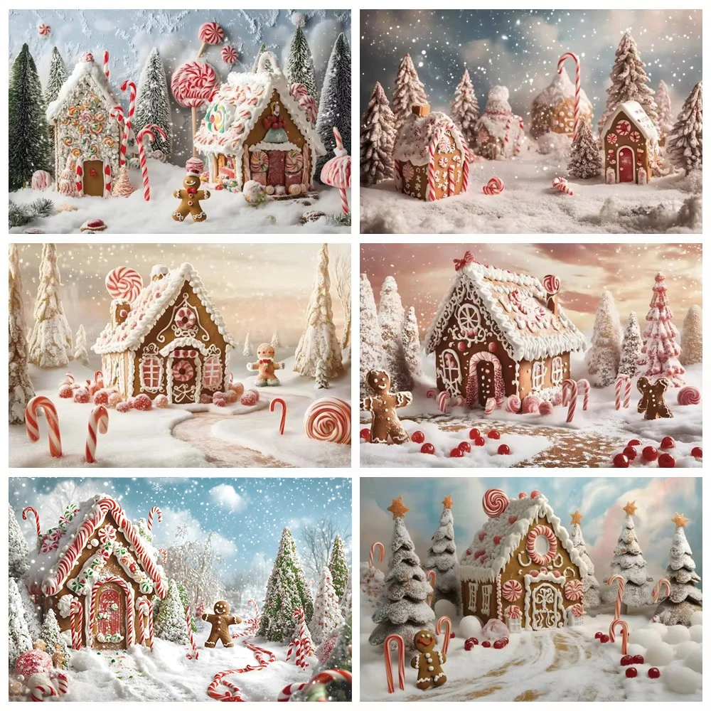 Christmas Gingerbread House Backdrop Kids Cabin Home Photography Background Winter Snow Glitter Tree Candy Decoration Props