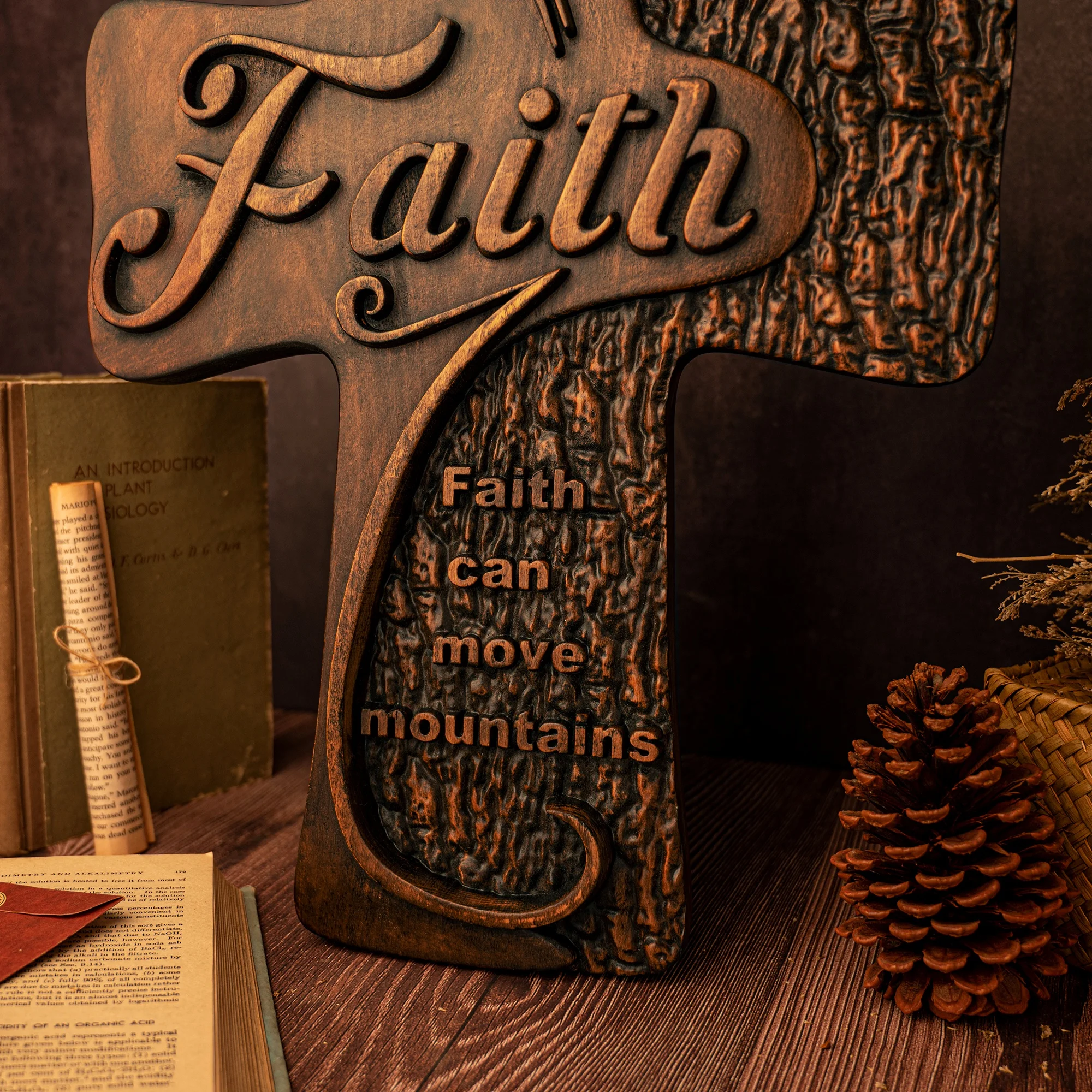 Hand Carved Vintage Faith Theme Wooden Cross Inspirational Bible Verse Relief Plaque Rustic Dual‑Texture Wall & Tabletop Ornamen