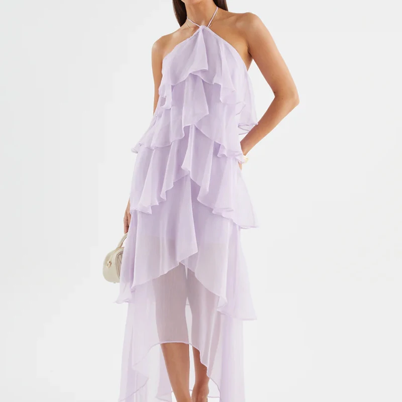 Novo 2026 verão em camadas plissado borda bolo vestido longo senhora casual sem costas vestido de praia sexy halter oco sem mangas vestido de férias