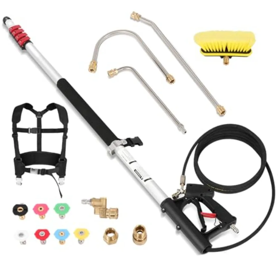 

24FT Telescoping Pressure Washer Wand Power Extension Sprayer with 7 Spray Nozzles and Brush Head Extension Wand Gutter Cleaner
