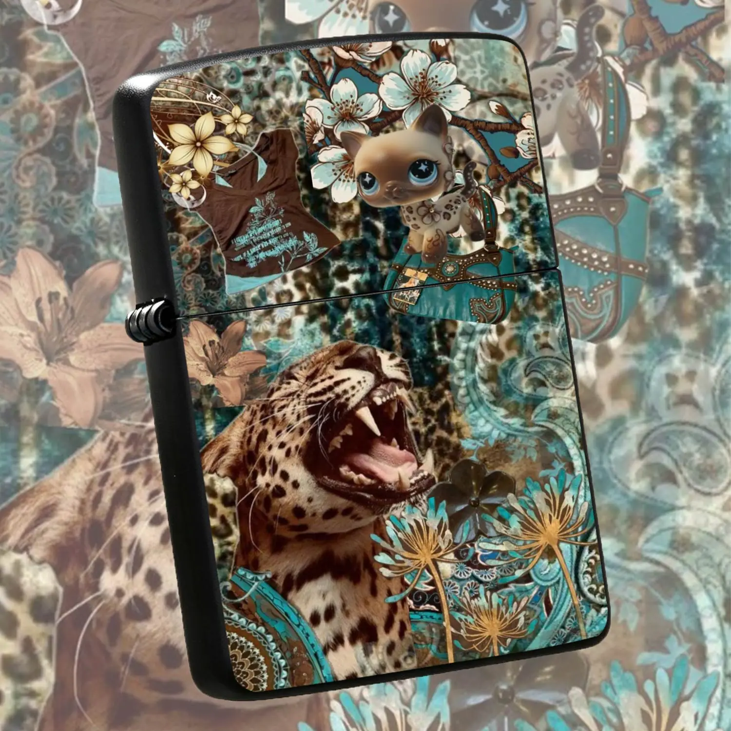 Vintage Leopard Print Collage Art Lighter, Trendy Turquoise Brown Floral Aesthetic Portable Igniter, Cute LPS Cat Creative Pattern, Multi-scene Usable for Candle Incense Home Decor, Ideal Unique  A Humorous And Interesting Lighter