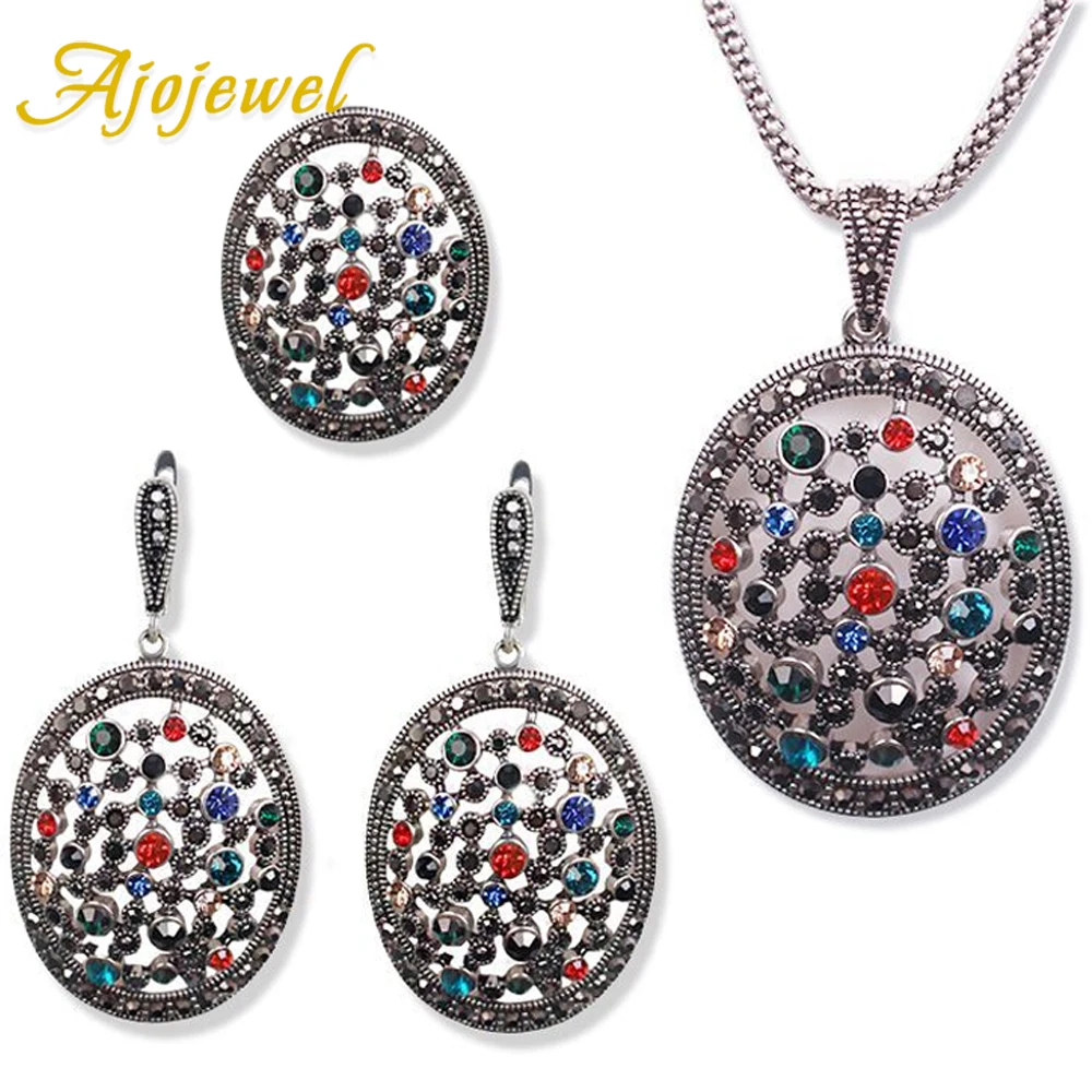 Ajojewel Colorful Rhinestone Jewelry Sets For Women High Quality Oval Shape Ring Earrings and Pendant Necklace Retro Items