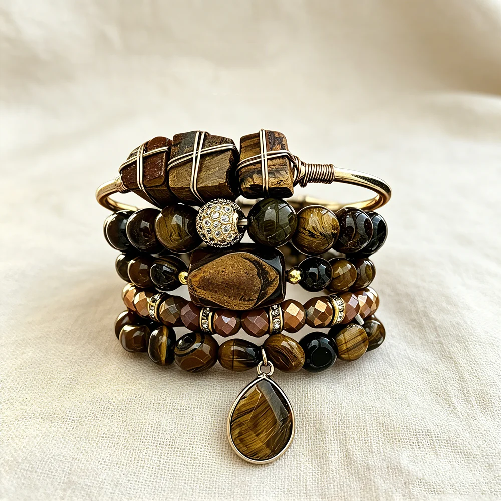 Tiger Eye Stone Beaded Bracelet Set, Stackable Natural Stretch Bangles, Boho Multi-Layer Jewelry, Gift for Daily & Casual Wear.