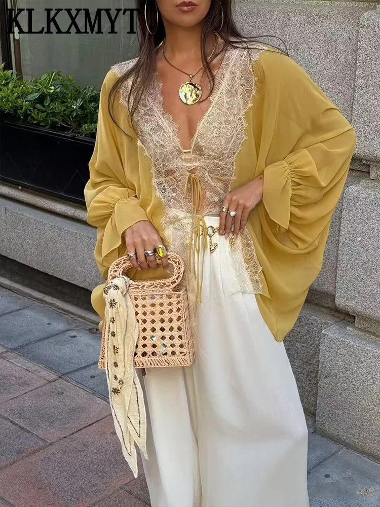 KLKXMYT Women's Fashion Splicing Lace Shirt Spring Summer Long Sleeve Semi-transparent Shirts Daily Commute Elegant Blouse Top