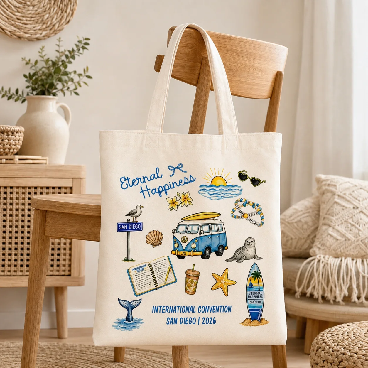 San Diego 2026 Convention Canvas Tote Bag, Eternal Happiness Beach Travel Print Shoulder Bag Reusable Shopping Handbag