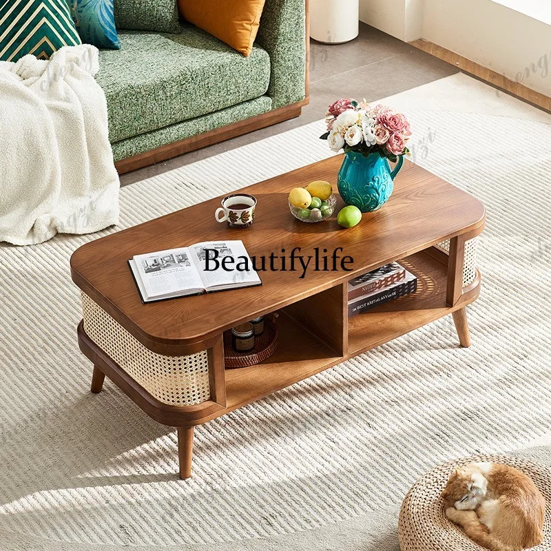 solid wood rattan coffee table square living room small apartment modern simple bed and breakfast hotel with storage space