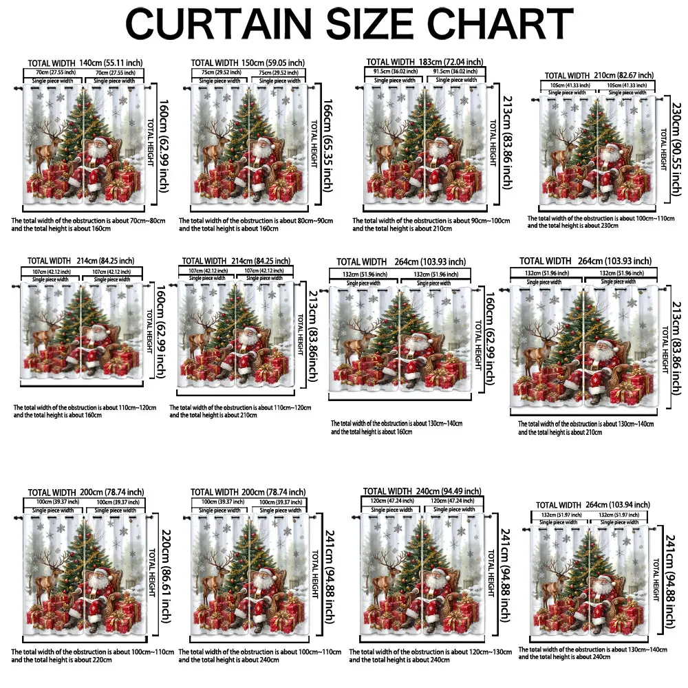 90-gram, two-piece printed curtain featuring Santa Claus, reindeer, Christmas trees and gift box decorations.machine-washed