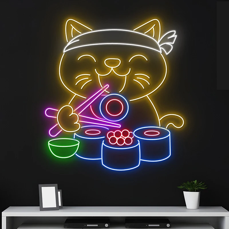 Lucky Cat Eating Sushi Neon Sign Sushi Neon LED Light Japanese Food Wall Decoration Neon Light Kid Nursery Restaurant Room Decor