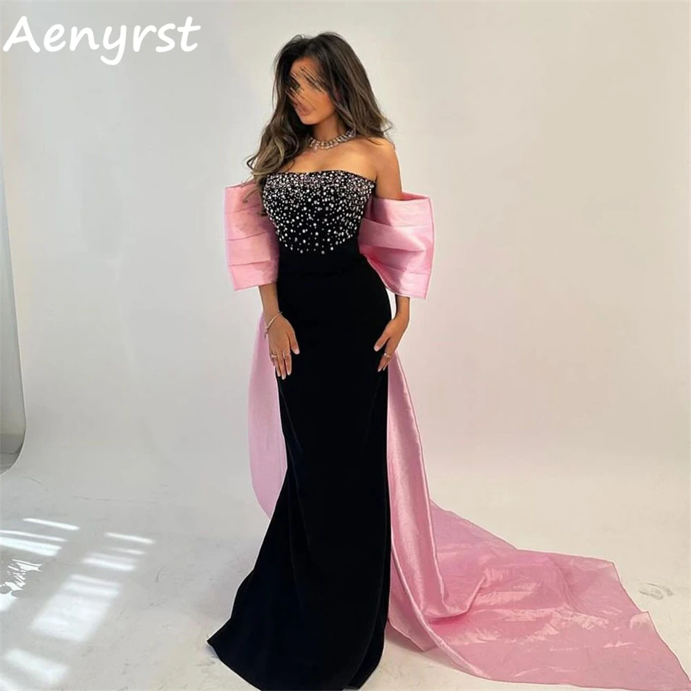 

Aenyrst Contrast Color Boat Neck Saudi Arabia Prom Dresses Mermaid Satin Crystal Evening Gowns Floor Length Dinner Party Dress