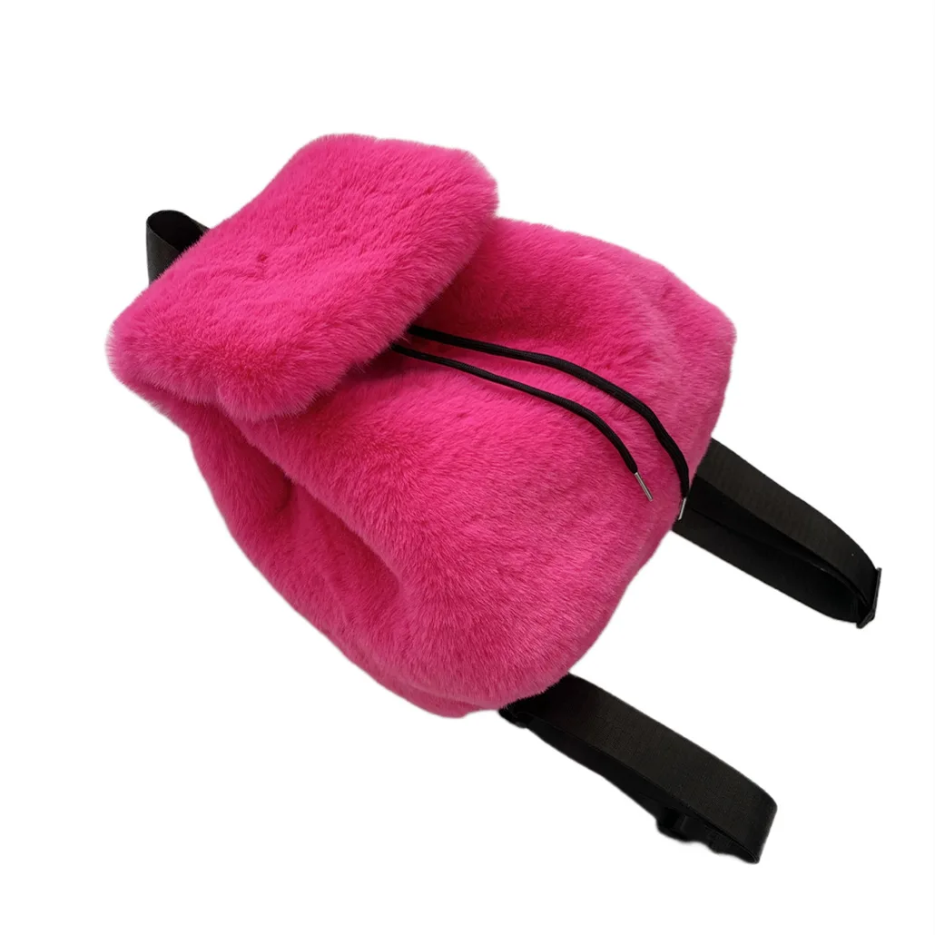 For new plush backpack imitation rabbit fur straw backpack student girl large capacity drawstring leopard prin