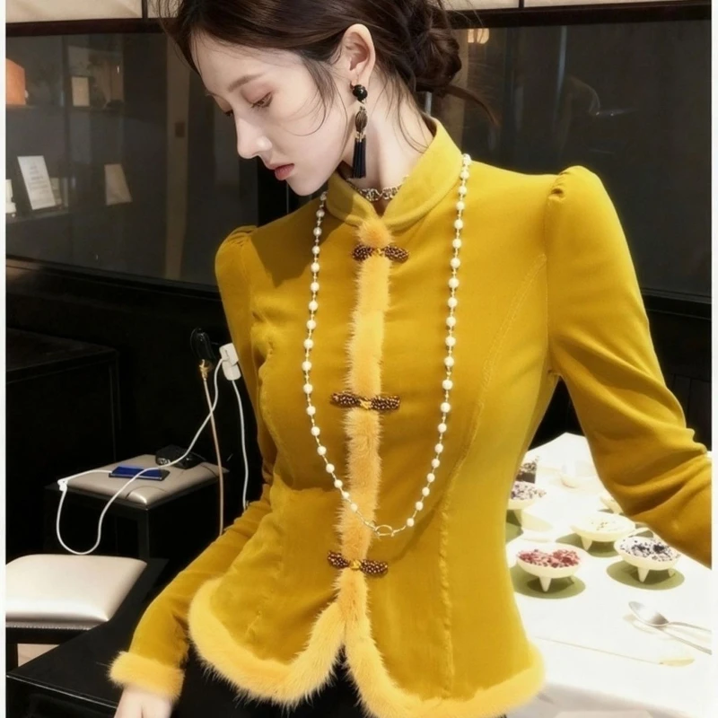 

Зима-Осень 2025 г., женская меховая лоскутная желтая бархатная рубашка, женская осенняя одежда, велюровые топы, рубашки