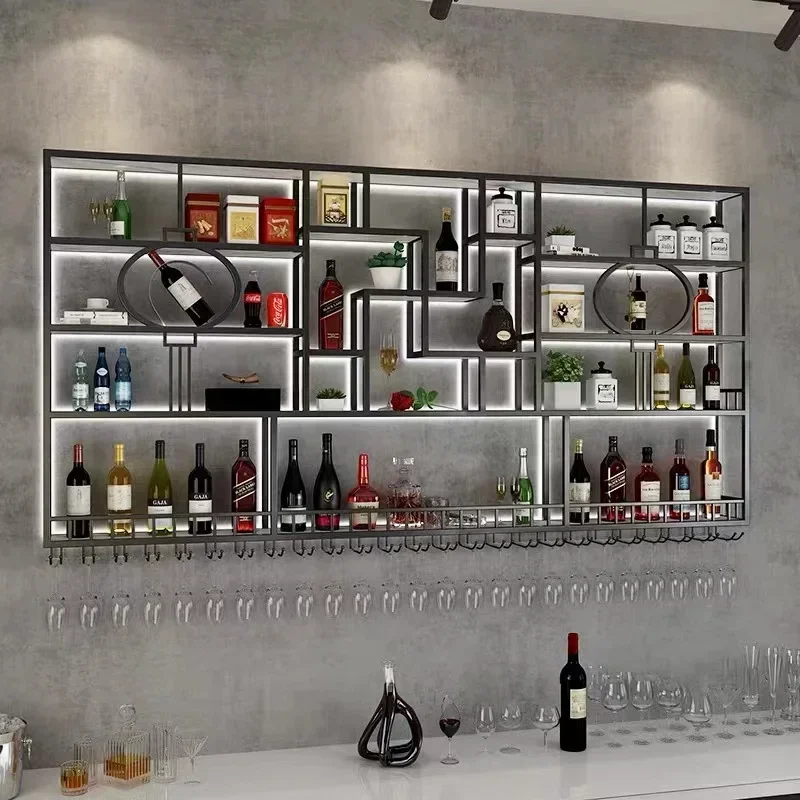 

Luxury Storage Bar Cabinet Wall Mounted Illuminated Ironwork Commercial Wine Rack Creative Customized Mueble Bar Gold Furniture