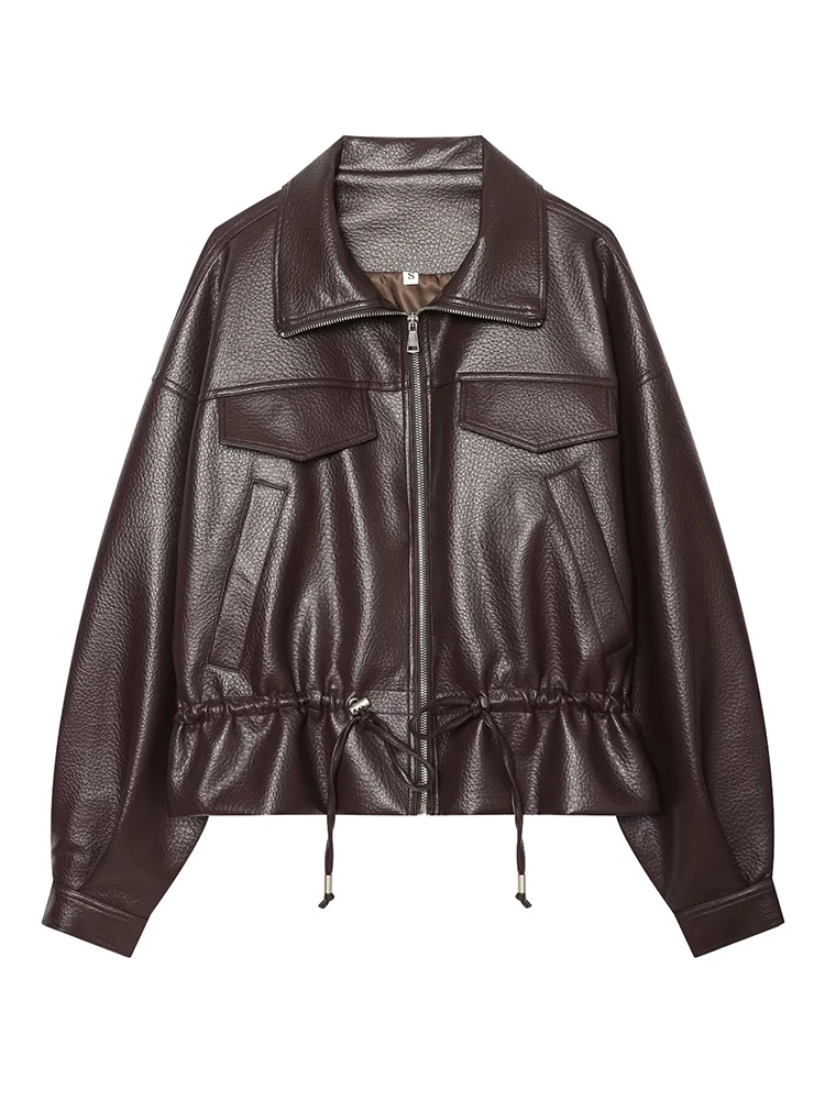HH Spring Fell Faux Leather Biker Jacket Lapel Collar Full Zip Drawstring Hem Multi‑Pocket Oversized Street Office Daily Coat
