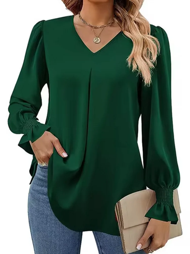 Elegant V-neck Solid Color Blouse Women\'s Long Sleeved Simple T-shirt  Autumn Top Clothes