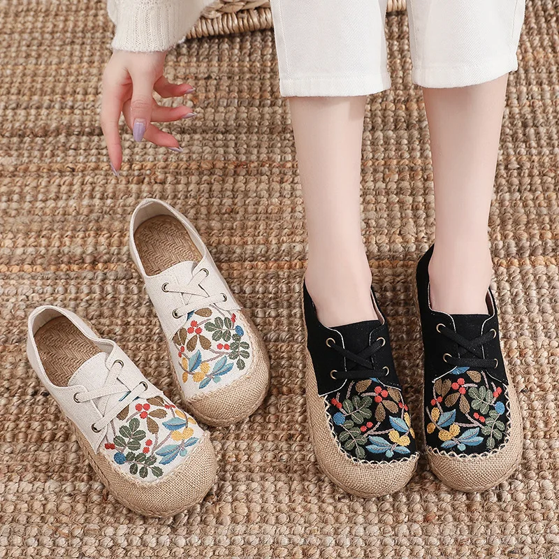 Spring cloth shoes women round head women\'s shoes Chinese style shallow mouth retro flat shoes lace canvas