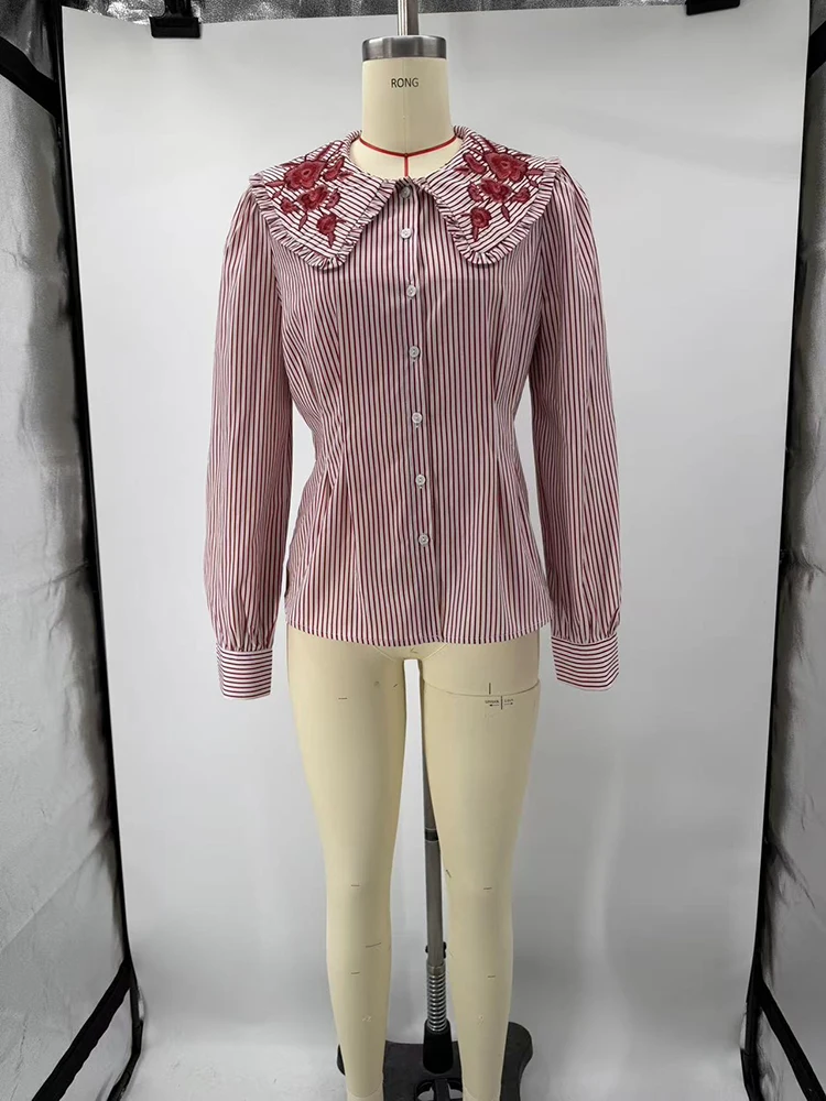 Besticktes Karohemd mit Taillenschnürung für Damen, Elegante Bluse mit Revers, Langen Ärmeln und Einreihiger Knopfleiste, Schlanke Passform, Neue Bürodamen-Partykleidung – Detail 3