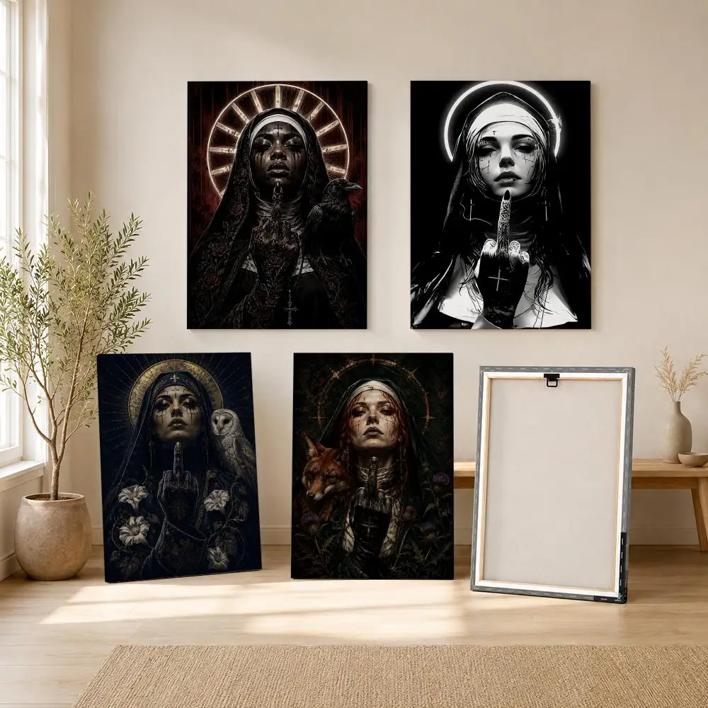 Nun with Halo Framed Wall Painting Ready to Hang Canvas Art Poster for Living Room Bedroom Home Decor