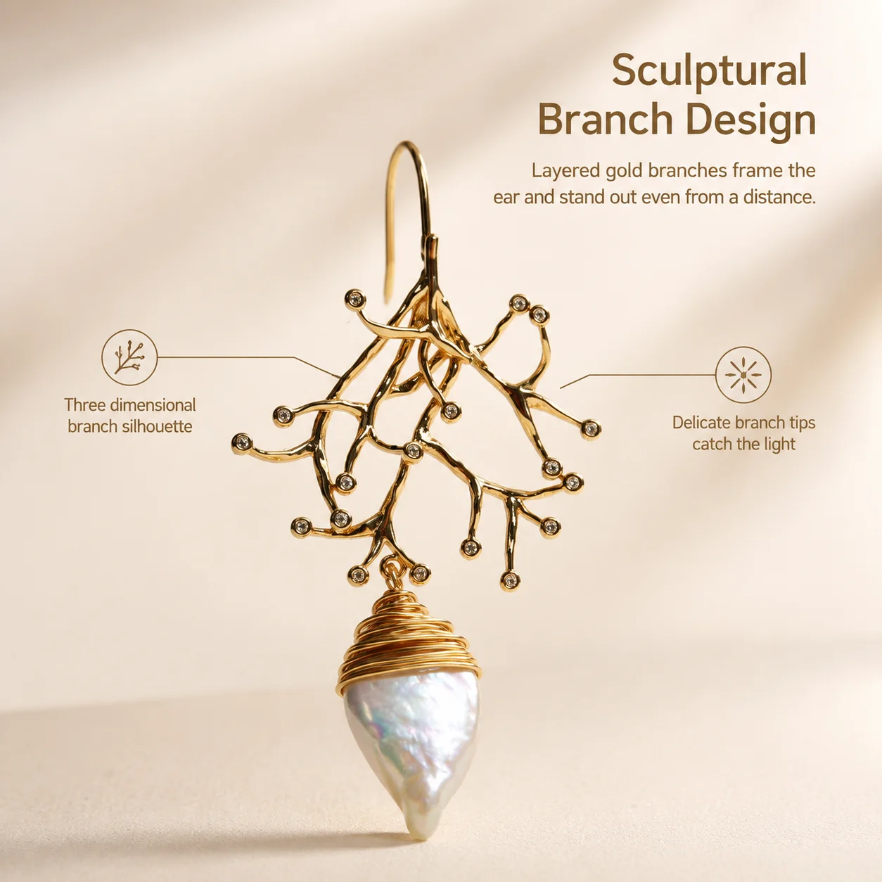 Artistic Ocean Flora Pearl Drop Hoop Earrings, Sculpted Marine Plant Design, Light Luxury Statement Jewelry