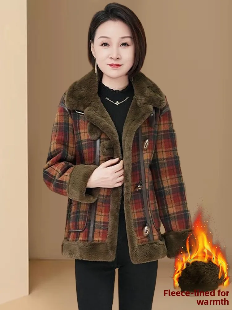 เสื้อโค้ทขนแกะลายสก็อตย้อนยุคสำหรับผู้หญิง เสื้อโค้ทกันหนาวแฟชั่นอุ่นสบายสำหรับฤดูหนาว พร้อมผ้าคลุมหน้า เสื้อคลุมสำหรับผู้หญิง