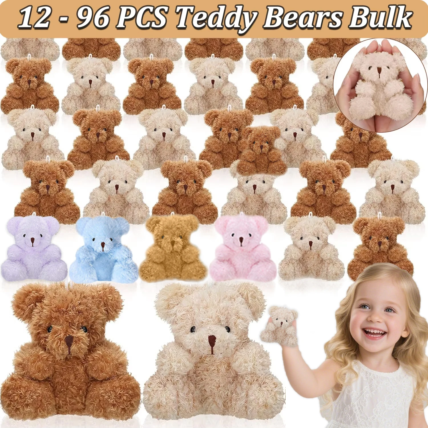 

12-96PCS Mini Bear Plush Stuffed Small Teddy Bear Bulk Animal Toy Bear Doll Keychain for Baby Shower Birthday Gifts Party Favors
