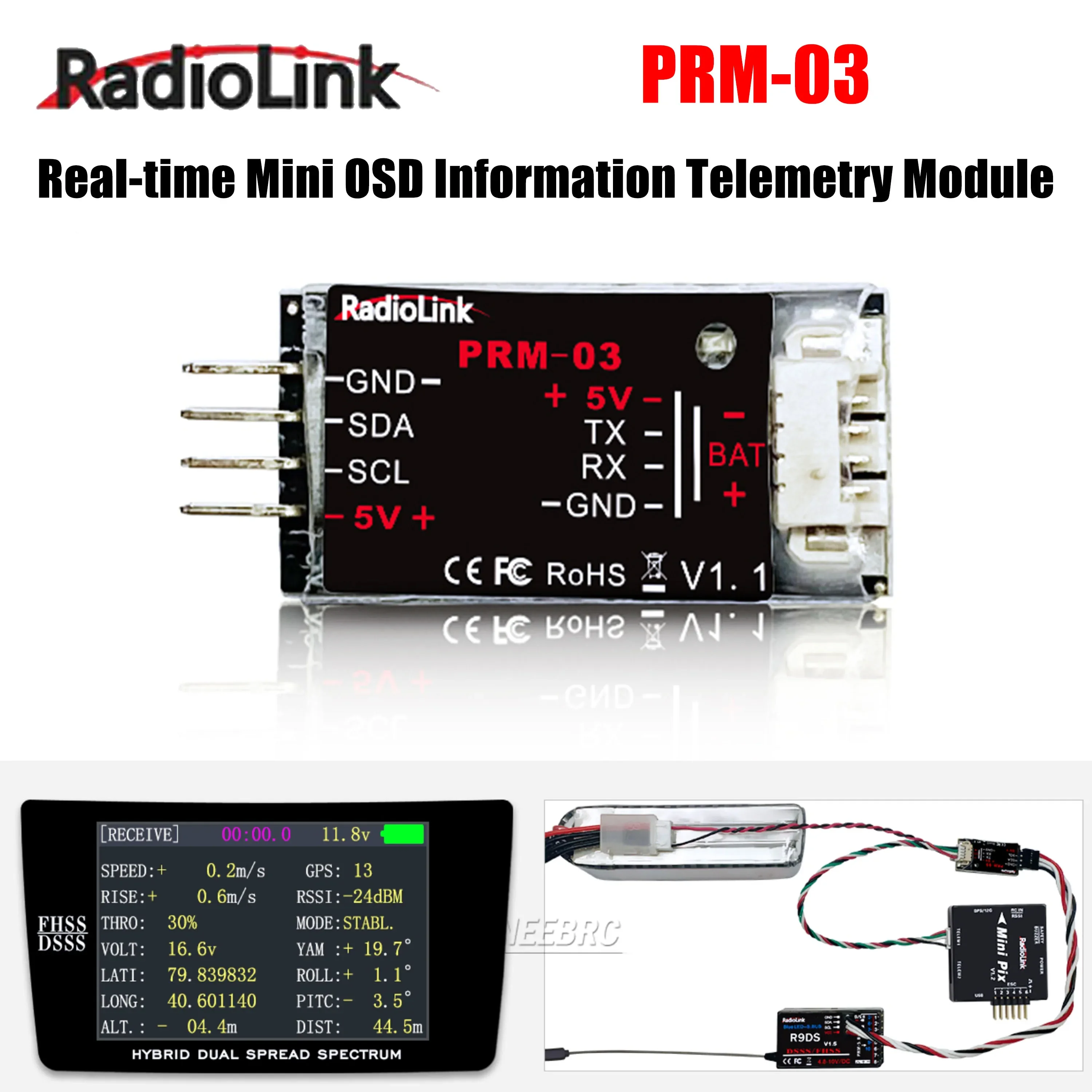 Radiolink PRM-03 Mini OSD Telemetry Module 1S-12S Real-time Data Display for R12DS R9DS AT10II AT9S Transmitter