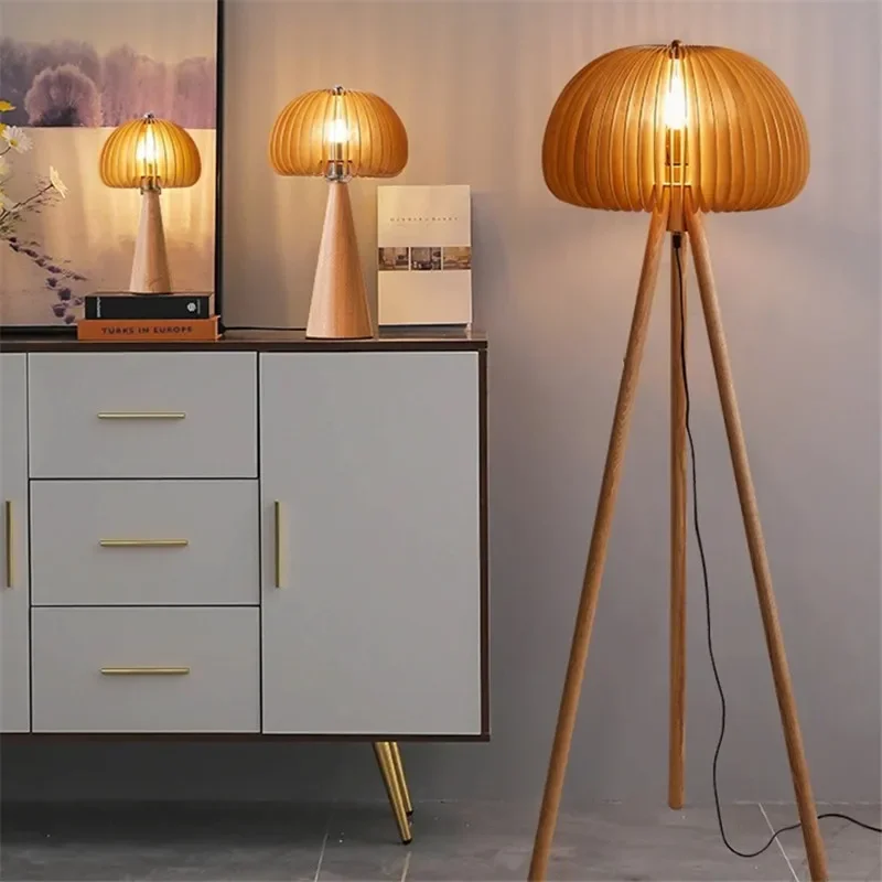 

Wooden Tripod Floor Lamp Nordic Designer Desk Lamp Bedroom Bedside Lamp Villa Office Indoor LED Decor Pumpkin Standing Lampshade
