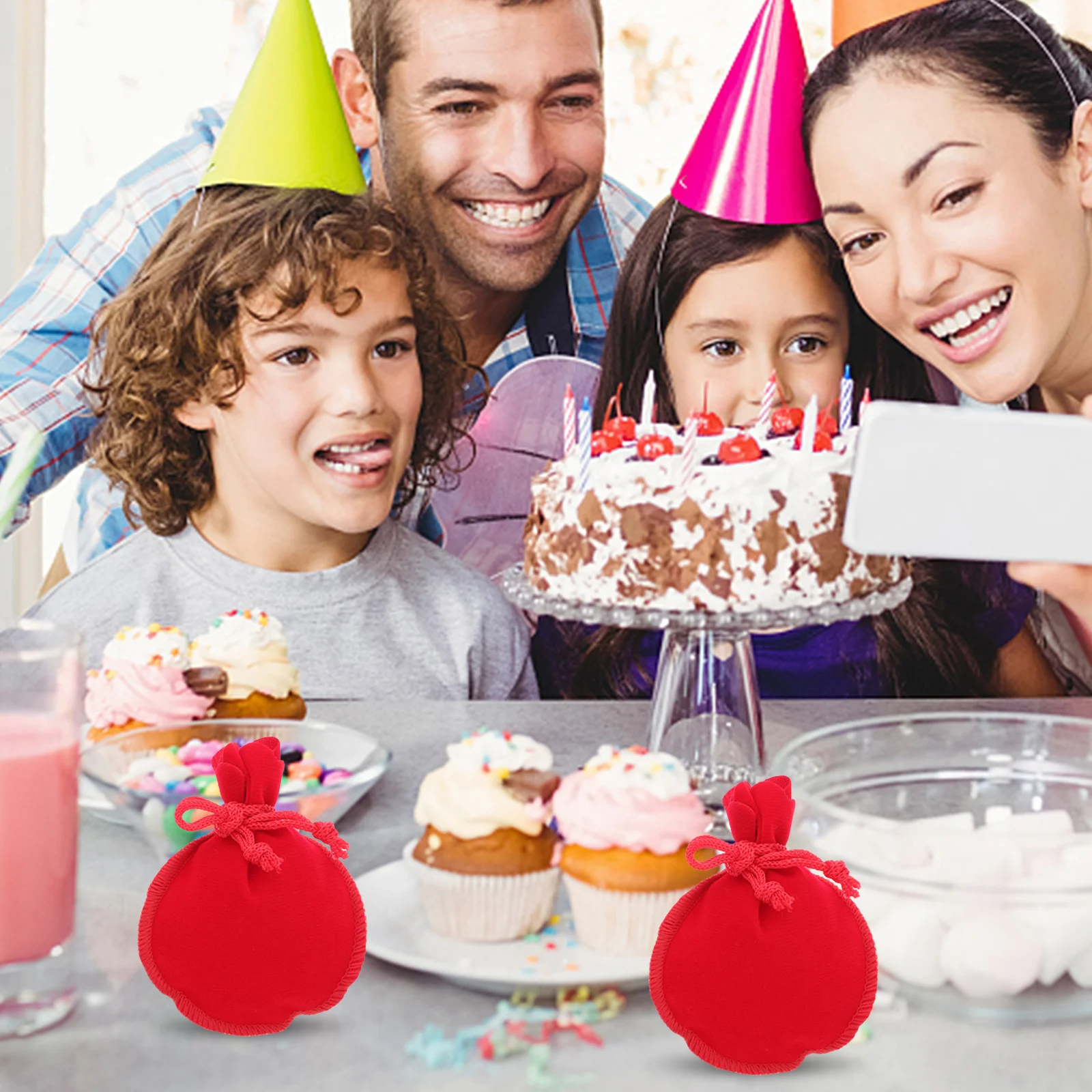 

12pcs Small Goodies Bags Christmas Sacks for Party Favors Jewelry Bracelets Earrings Candy Gifts Red Happy