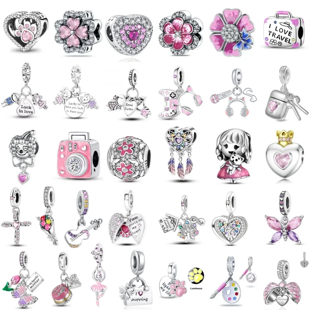 

Hot Selling 925 Silver Pink Dog Paw,Guitar, Microphone,Butterfly Pendant,Suitable for European Bracelet DIY Women's Accessories
