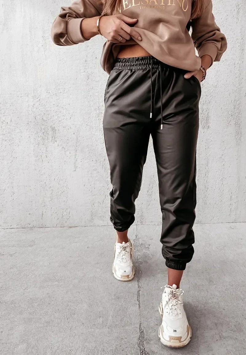 Trousers Women Autumn and Winter New Minimalist Temperament Tie Cord Solid Color Casual Leather Pants for Women