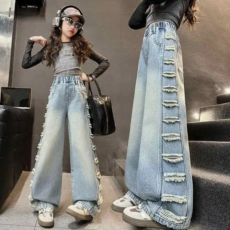 Jeans para meninas, jovens jovens com costura lateral azul rasgada moda calças largas para primavera e outono