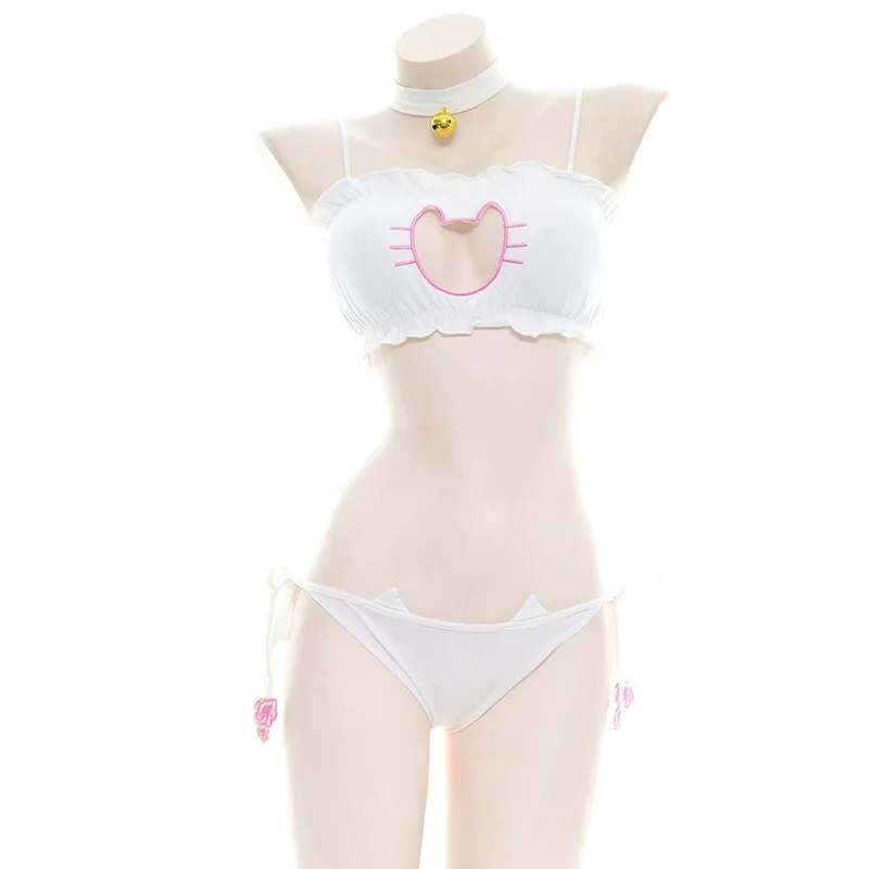 Conjunto de sujetador y bragas de Cosplay para chica gato de Anime japonés, lencería Sexy para mujer, ropa interior íntima Kawaii Lolita, ropa de dormir calada para gatito