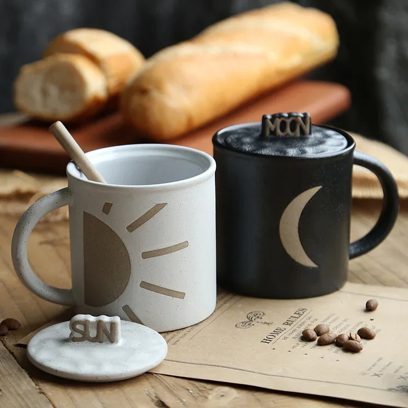 

400ML Japanese Ceramic Couple Cup Ceramic Lovers Coffee Mug with Lid Sun and Moon Series Vintage Ceramic Cup Mlik Mocha